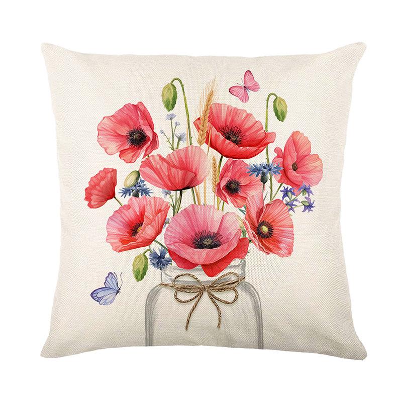 Spring Pink Flower Pillow Cover Polyester Printed Letter Floral Decoration Living Room Sofa Cushion Cover