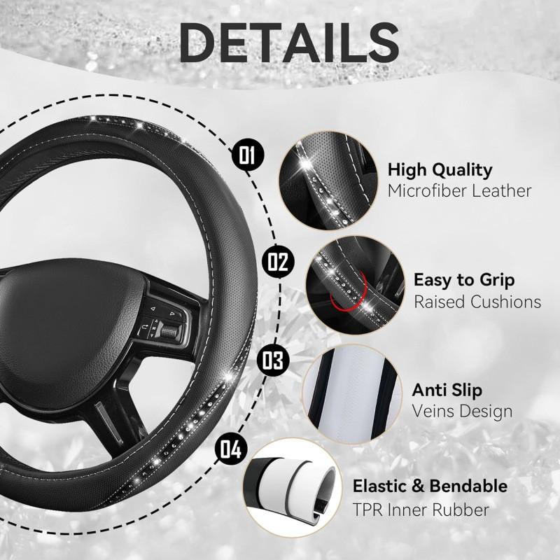Universal Crystal Rhinestone Leather Steering Wheel Cover Car SUV Truck - Non-Slip Handmade Fashion Accessory