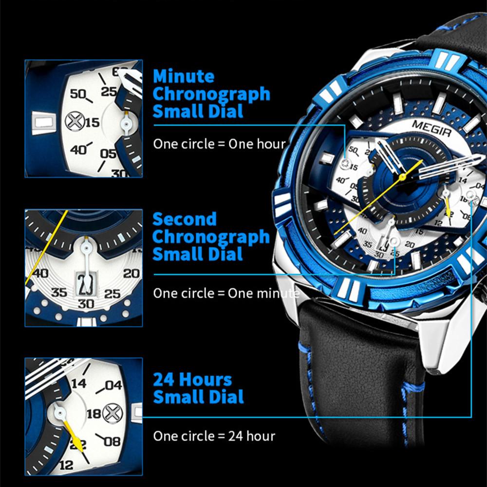 New Watches Men Luxury Brand MEGIR Chronograph Men Sports Watches Waterproof Leather Quartz Men's Watch Relogio Masculino