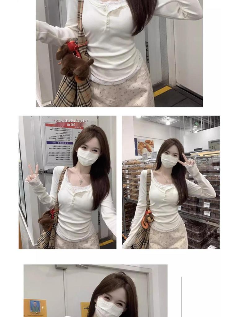 Korean Style Autumn Floral Lace Color-Block Button Shirt: Women's Long Sleeve Two-Piece T-shirt