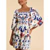 VEZFAA Women's Fashion Summer Spring Flower Pattern Print 1/2 Sleeves Square Collar High Waist Casual Dresses