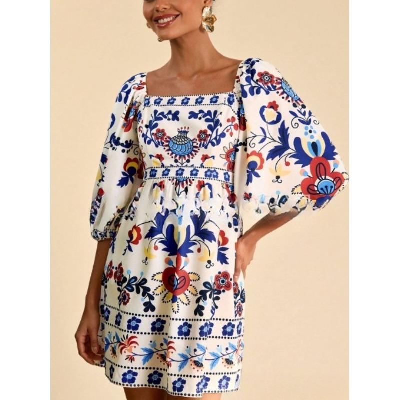 VEZFAA Women's Fashion Summer Spring Flower Pattern Print 1/2 Sleeves Square Collar High Waist Casual Dresses