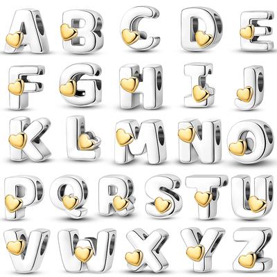 Copper 26 Capital English Letters Golden Heart-Shaped Charms Beads Fit Diy Copper Bracelets Birthday Jewelry Gifts