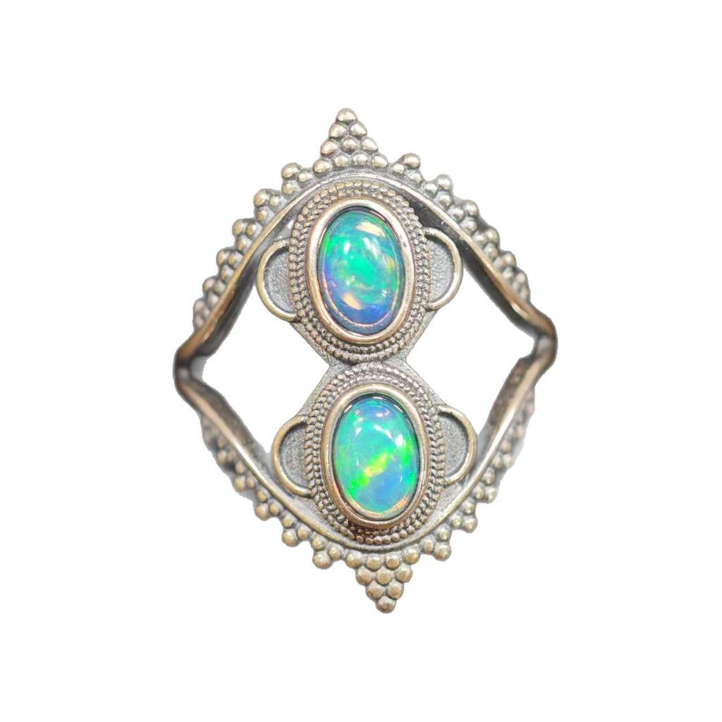 Verstellbarer Vintage-Ring aus 925er Sterlingsilber mit natürlichem Opal und goldenem Sonnendesign