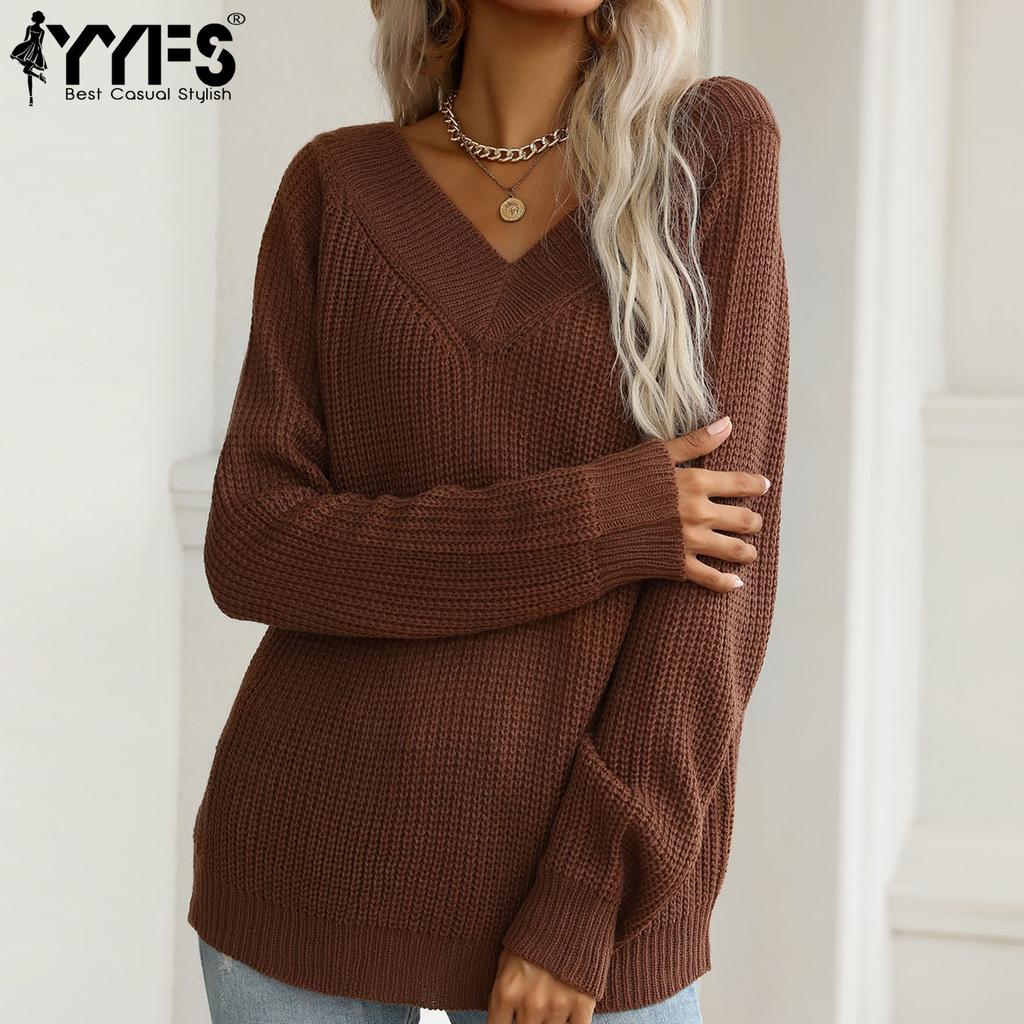 YYFS Damenmode Lässiger Einfarbiger Druck Herbst Winter Langarm V-Ausschnitt Lose Pullover