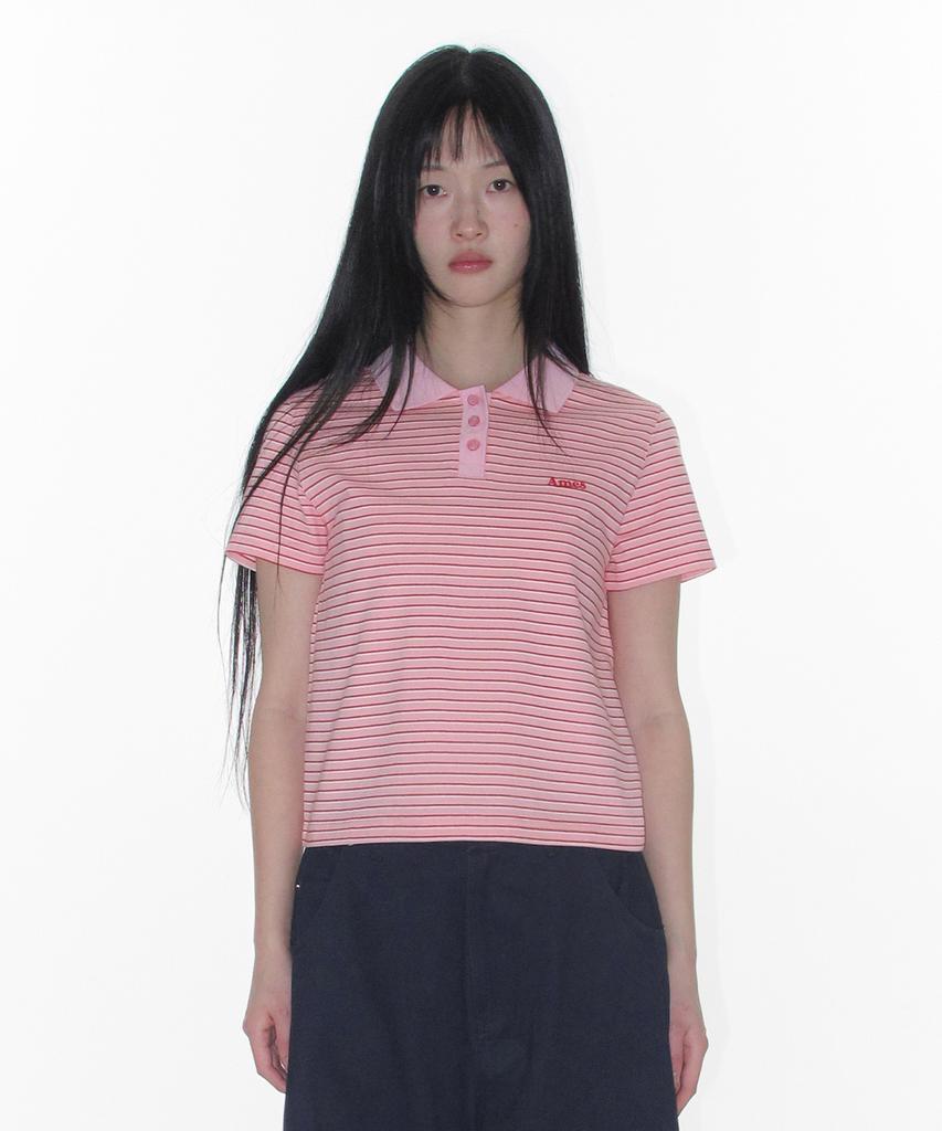 AMES-WORLDWIDE Basic Stripe Collar Tee Pink