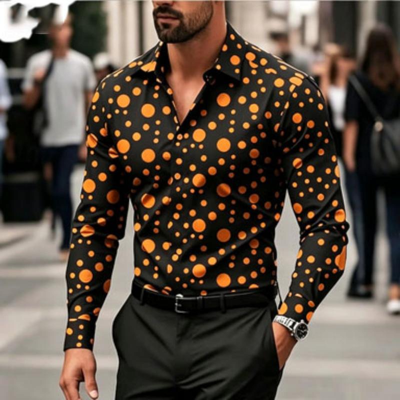 Men's Shirt with Polka Dot Print Long Sleeved Shirt, Outdoor Casual Style, Slim Fit Collar Shirt, Men's Casual Formal Top