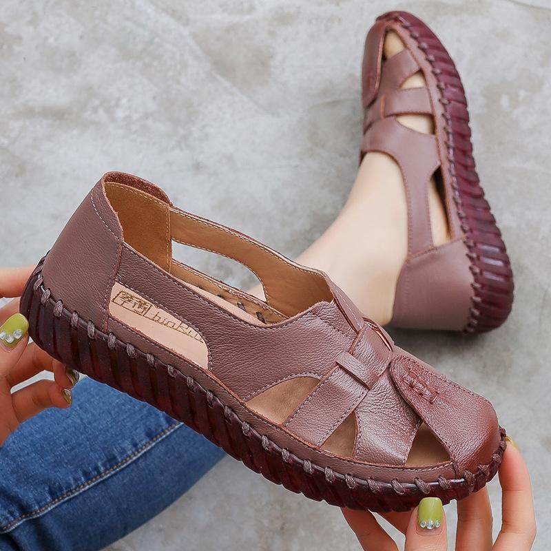Fashion GKTINOO Genuine Leather Women Flats Hollow Woman Shoes Summer Women's Loafers Breathable Beach Female Sandals Big Size 35-42
