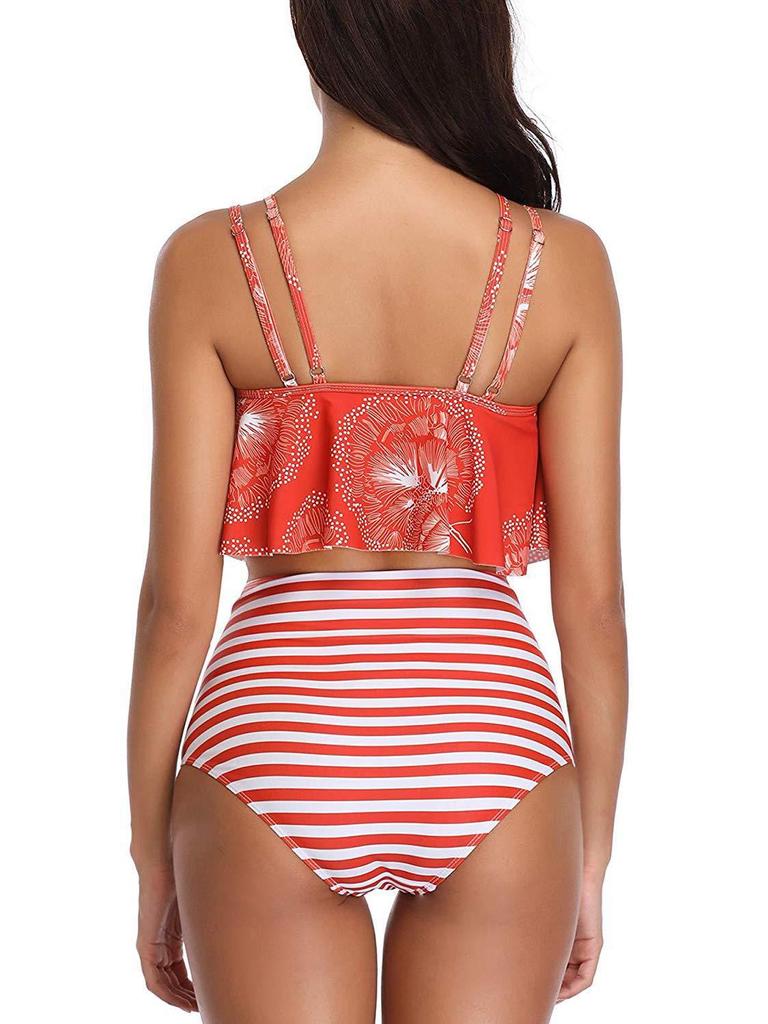 2020 European & American Ruffled High-Waisted Tummy Control Bikini Swimsuit