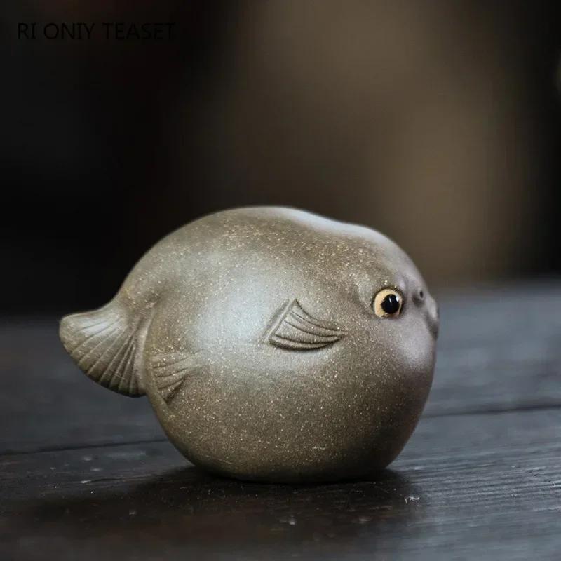 Creativity Yixing Purple Clay Tea Pet Pufferfish Statue Ornaments Handmade Tea Figurine Crafts Chinese Tea Set Decoration Gifts