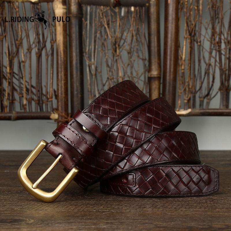 Trendy, Retro, Stylish, Versatile, Top-grain Pure Cowhide Woven Belt for Men, Genuine Leather, Copper Buckle, Woven Denim Belt