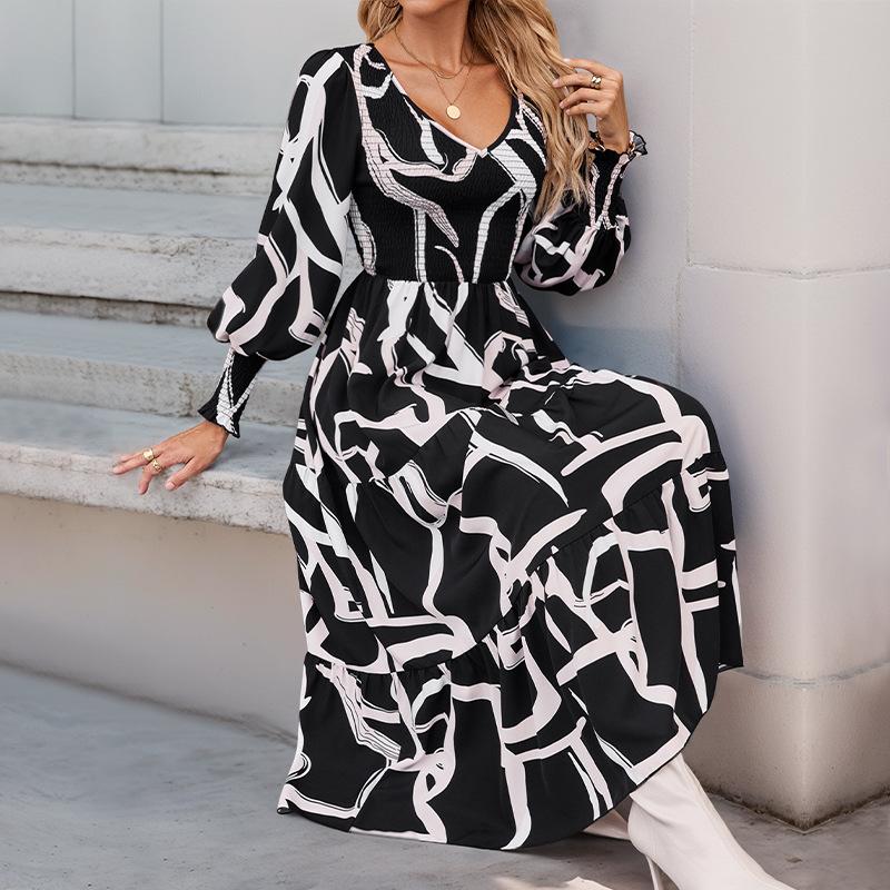 V-neck Clothes Skirt 2025 Autumn New He Print Long Dress