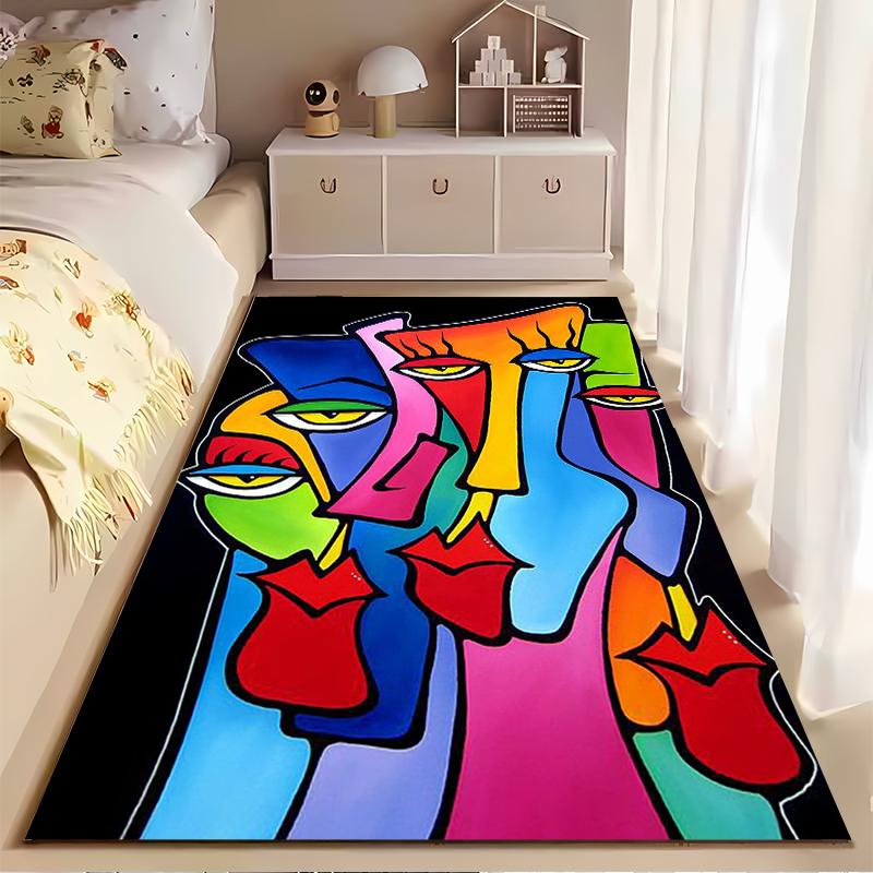 Abstract Multicolor Faces Art Rug - Non-slip rug suitable for living room and bedroom sofas.