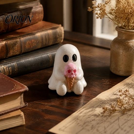 Halloween Ghost Ornaments Mini Decorative Figurine, 3D Printed White Statue with Portable Figurines Pink Skull Ice Cream, Cute Desktop Ornament