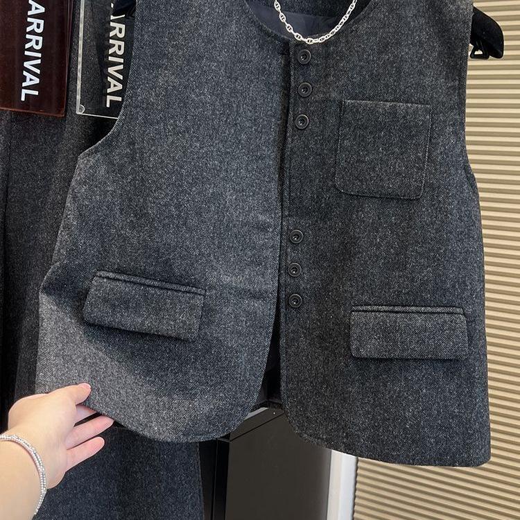 Women's Sleeveless Wool Fashion Suit: Single-Breasted Vest with Semi-Elastic Waist and Casual Wide-Leg Pants