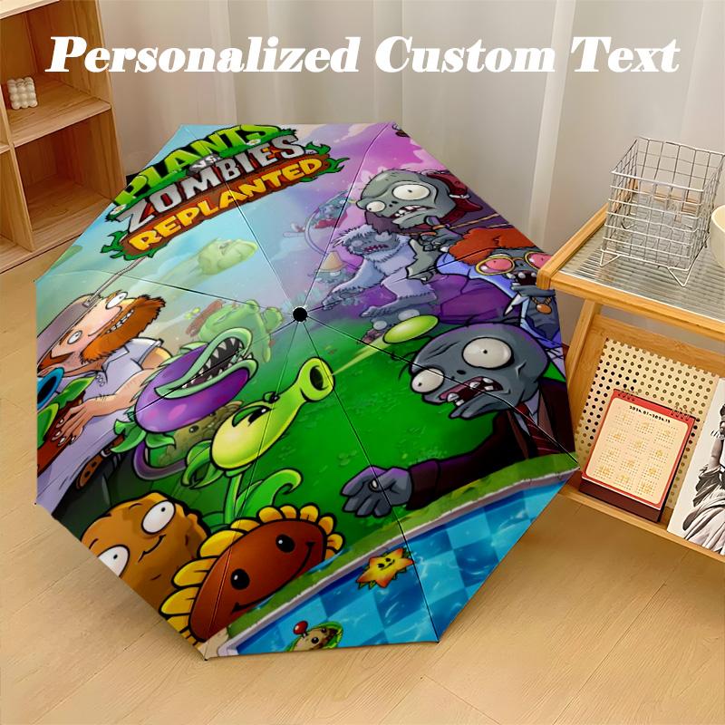 Windproof Folding Umbrella, 8‑Rib Auto Open Close Plants Vs. Zombies Umbrella for Rain Sun Protection
