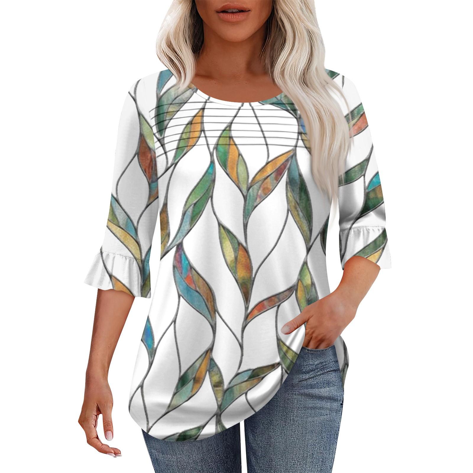 

Женская мода круглый вырез шея плиссированный спереди напечатанные точки расклешенный топ рукав 3/4 XL белый