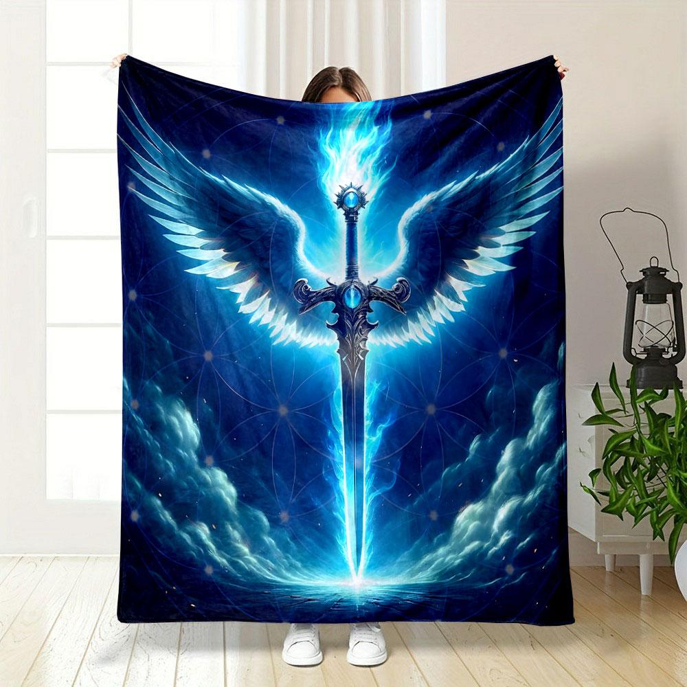 "Glowing Sword with Angel Wings Design" Print Blanket Soft and Cozy Perfect for the Living Room Bed Sofa or a Nap,gift