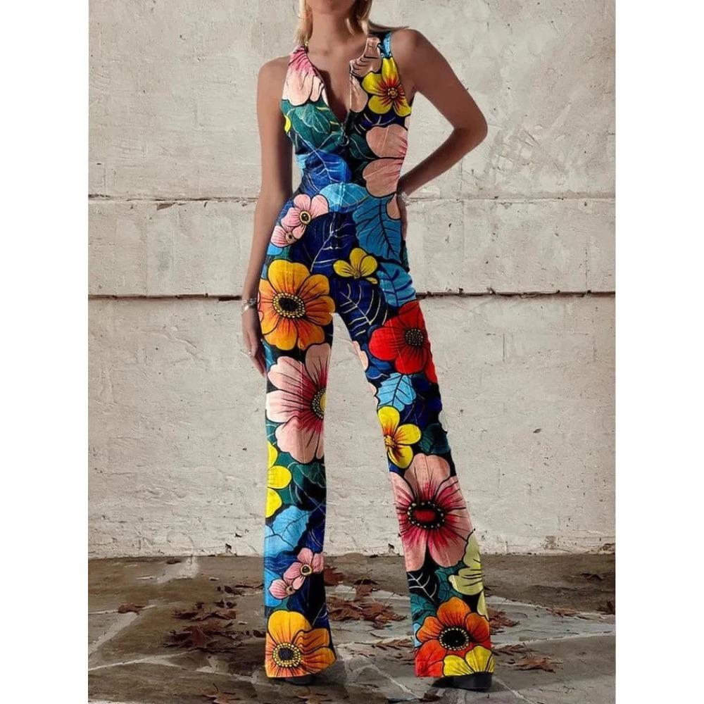 Damen Mittelhoher Ärmelloser Jumpsuit Schmale Passform Reißverschluss Vorne Blumen Patchwork Print Ausgestelltes Weites Bein Boho Langer Romper M gray