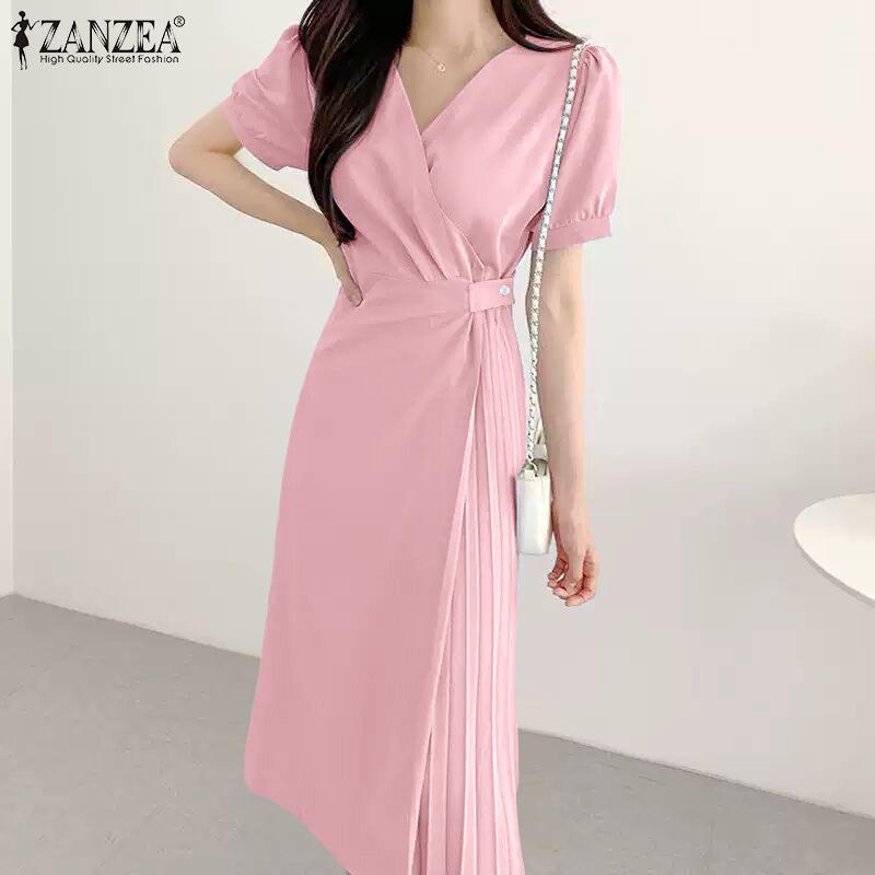 ZANZEA Elegant Women Short Sleeve Side Button Waist Pleated Casual Midi Office Dress