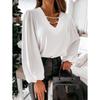 2023 Women's Solid Casual V-Neck Shirt with Metal Decoration - European and American Style