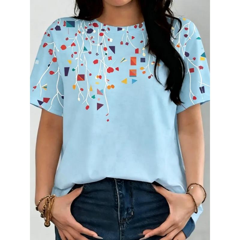 Fashion Women's Crew Neck Short Sleeve 3D Casual Color Printing Casual Short Sleeve Crew Neck T-Shirt