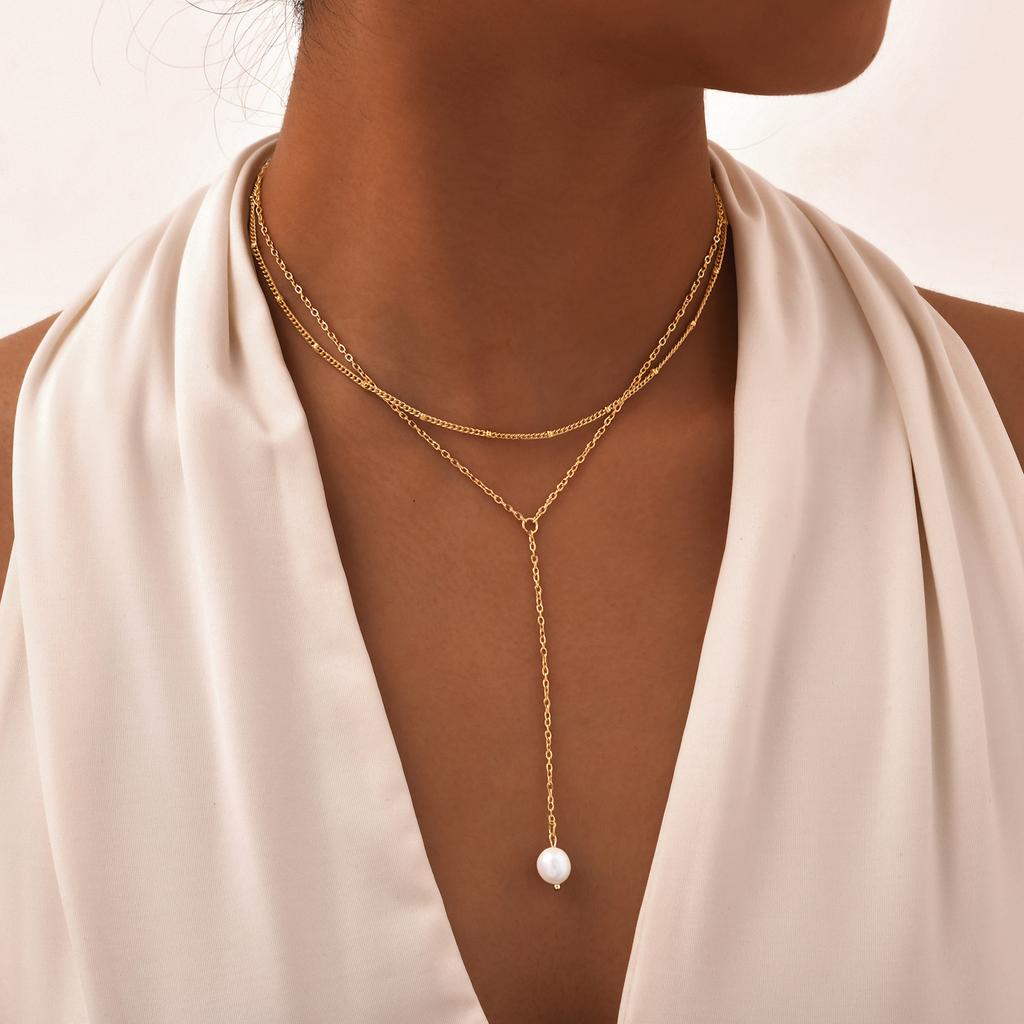 Stainless Steel Y-shaped Tassel Necklace for Women,Gold Color Double-layer Chain Necklace Waterproof Jewelry Gift