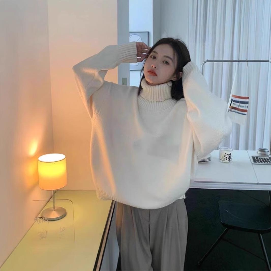 

Однотонный свободный пуловер с высоким воротником в корейском стиле - Вязаный повседневный наряд на осень/зиму для пар. Double Extra Large белый