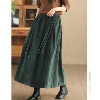 Women Vintage Corduroy Midi Skirt Elastic Waist Drawstring A-Line Maxi Skirt Casual Solid Long Half Skirt Autumn