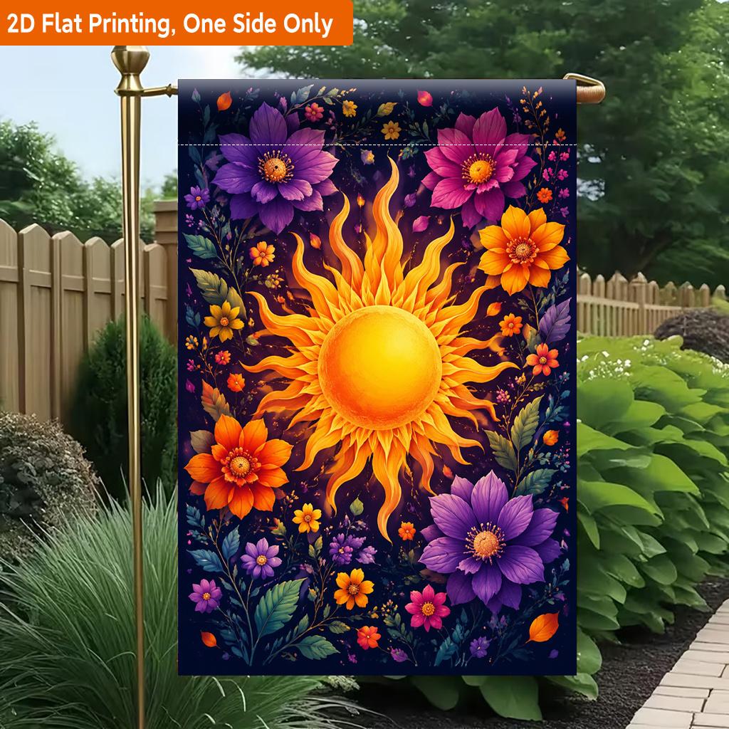 2D Flat, 2D Flat Printing Garden Flag 1pc, Sun And Colorful Flowers Durable Single-Sided Print Yard Flag, Garden & Home Holiday Decoration, 29.97x44.9