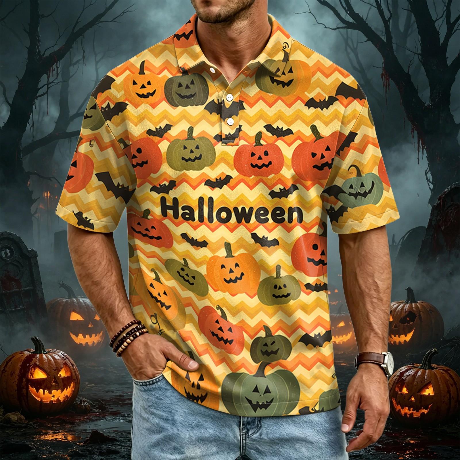 Men s Quick-Dry Mesh Golf Shirt - Halloween Print Short Sleeve Top XXL оранжевый