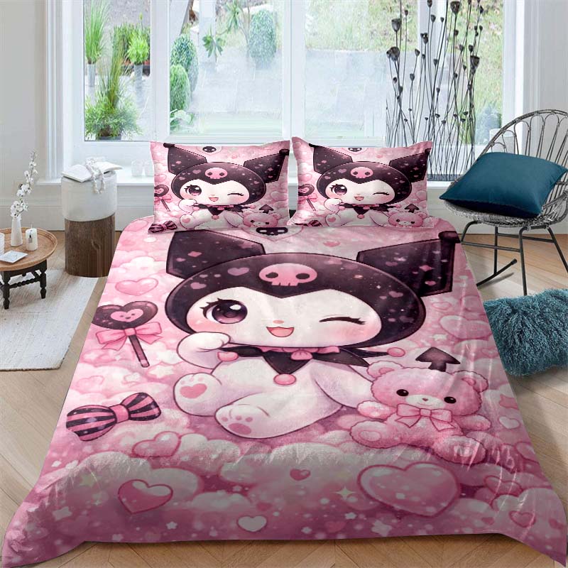 New Kuromi-themed Three-piece Bedding Set, Including Duvet Cover and Pillowcases, But Without Filling. A Great Holiday Gift.