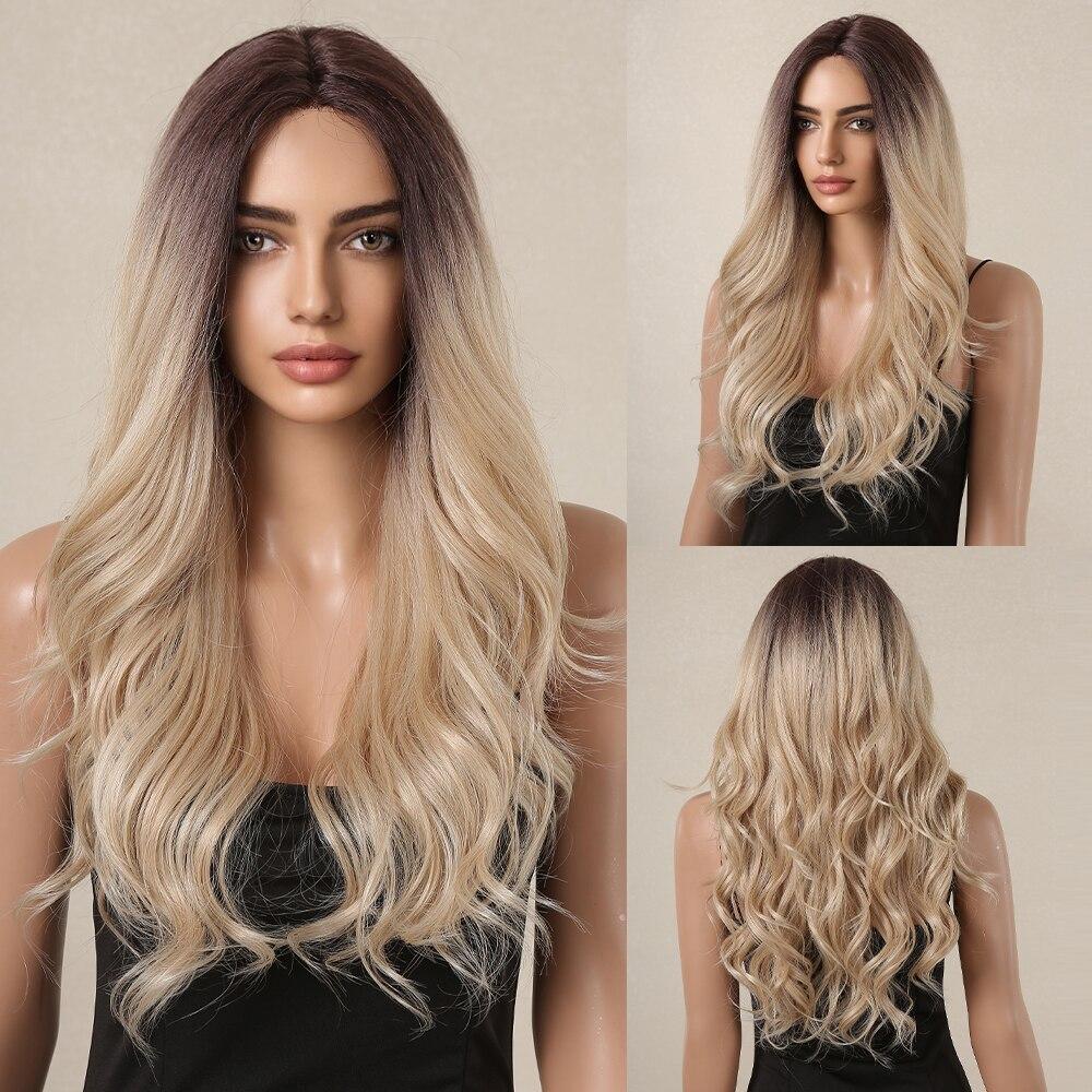 Alan Eaton Blonde Brown Ombre Synthetic Lace Front Wigs Long Curly 13x1 Lace Wig Women Natural Daily Fluffy Heat Resistant Fiber