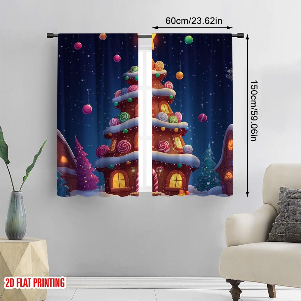 2 Stück, 2D-Flachdruck Vorhänge Rollos Weihnachtsbaum Haus (3) Polyester gewebt (ohne Stange) Außendekorationen Verwendung für
