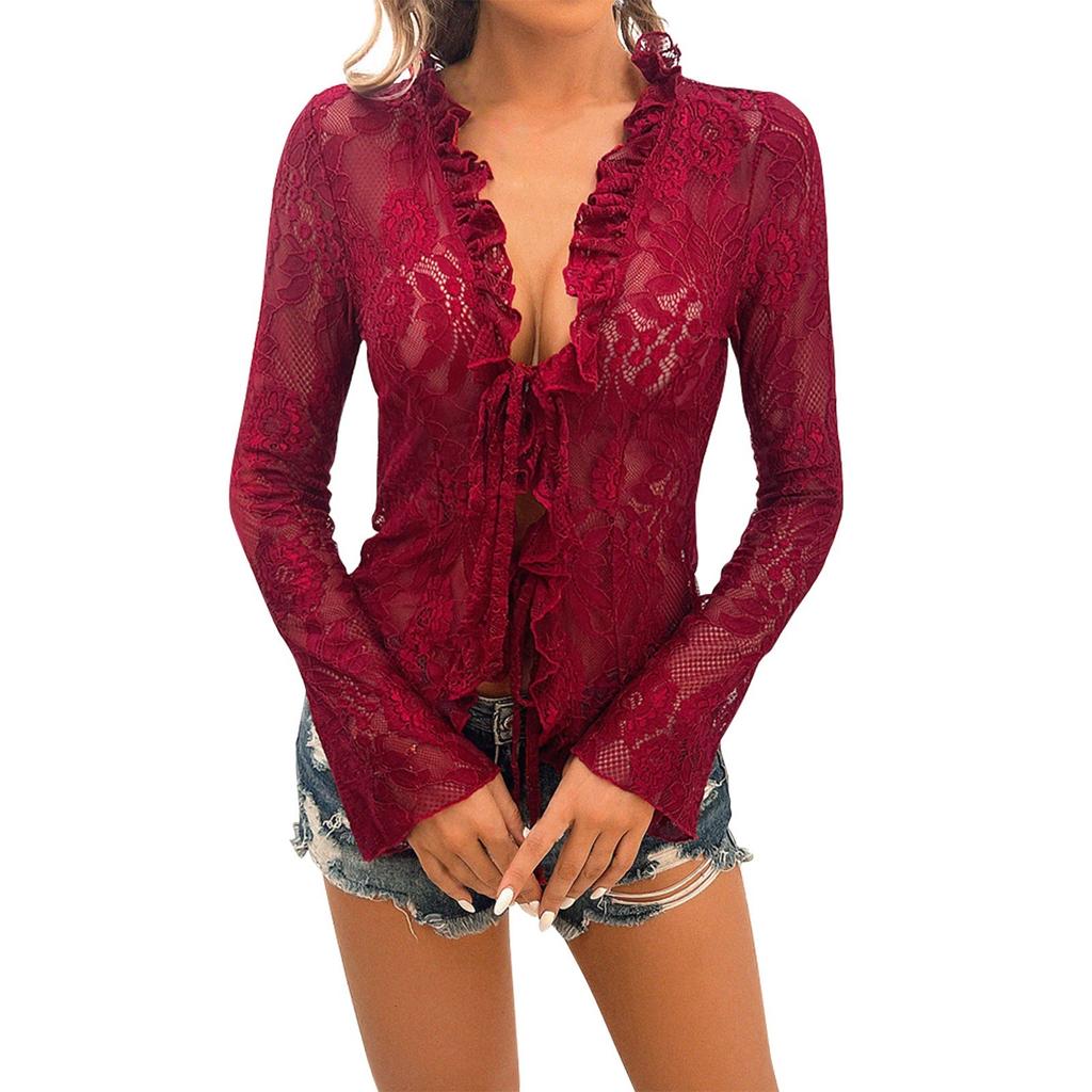 Womens Sexy Open Front Tie Long Sleeve Ruffle Trim Sheer Lace Crop Tops Blouse