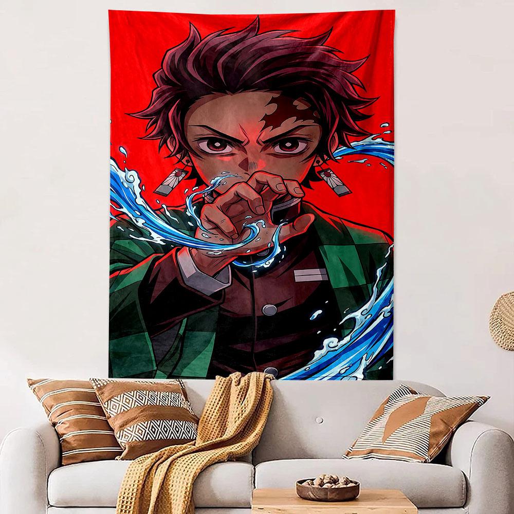 Demon Slayer Tanjiro Kamado Anime Wall Tapestry Water Breathing Hanafuda Earring Red Background Decor for Bedroom Dorm Gift