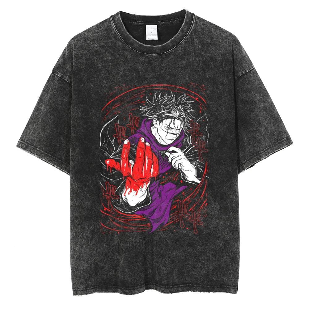 Anime Jujutsu Kaisen Gewaschenes T-Shirt Vintage Hip Hop Retro Baumwolle Herren Streetwear Übergroßes Damen Kurzarm Oberteil Y2k