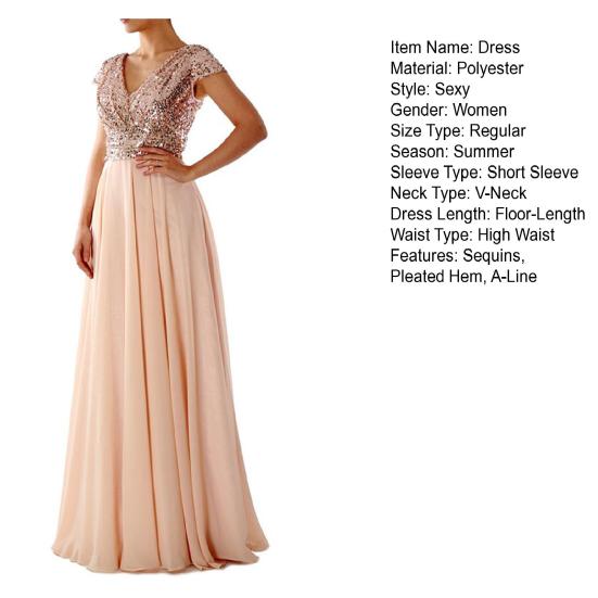 V Neck Short Sleeve Waist Tight High-Waist Maxi Dress Elegant Sequins Chiffon Pleated