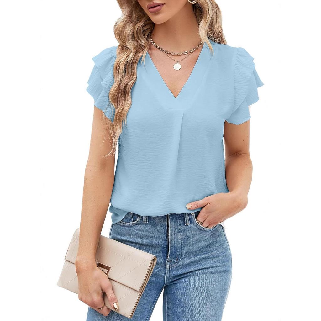 Women's Fashion Loose-Fit V-Neck Pullover T-Shirt Short Sleeve Top