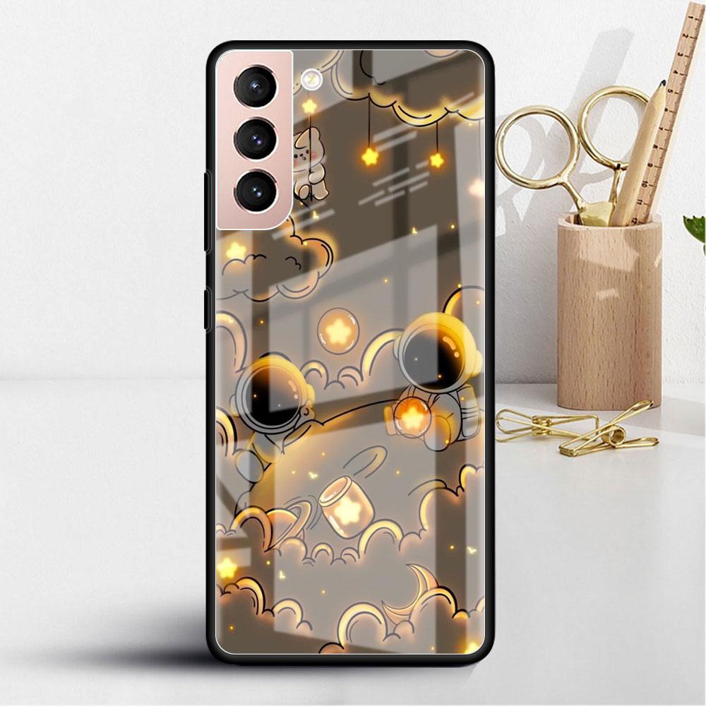 Glass Case For Samsung Galaxy S22 S20 FE S21 5G S10 S9 Plus Note 10 20 Lite Tempered Phone Cover Astronaut Cartoon
