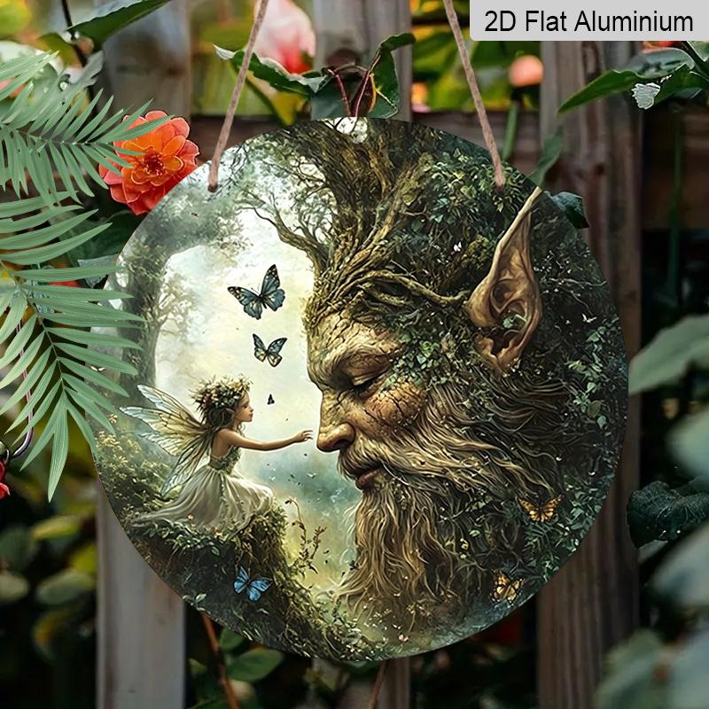 2D Flat, 1pc Vintage Metal Aluminum Sign - Enchanted Fairy & Tree Spirit Fantasy Art Round Wall Decor, Vibrant Colors Indoor/Outdoor Use for Cafe