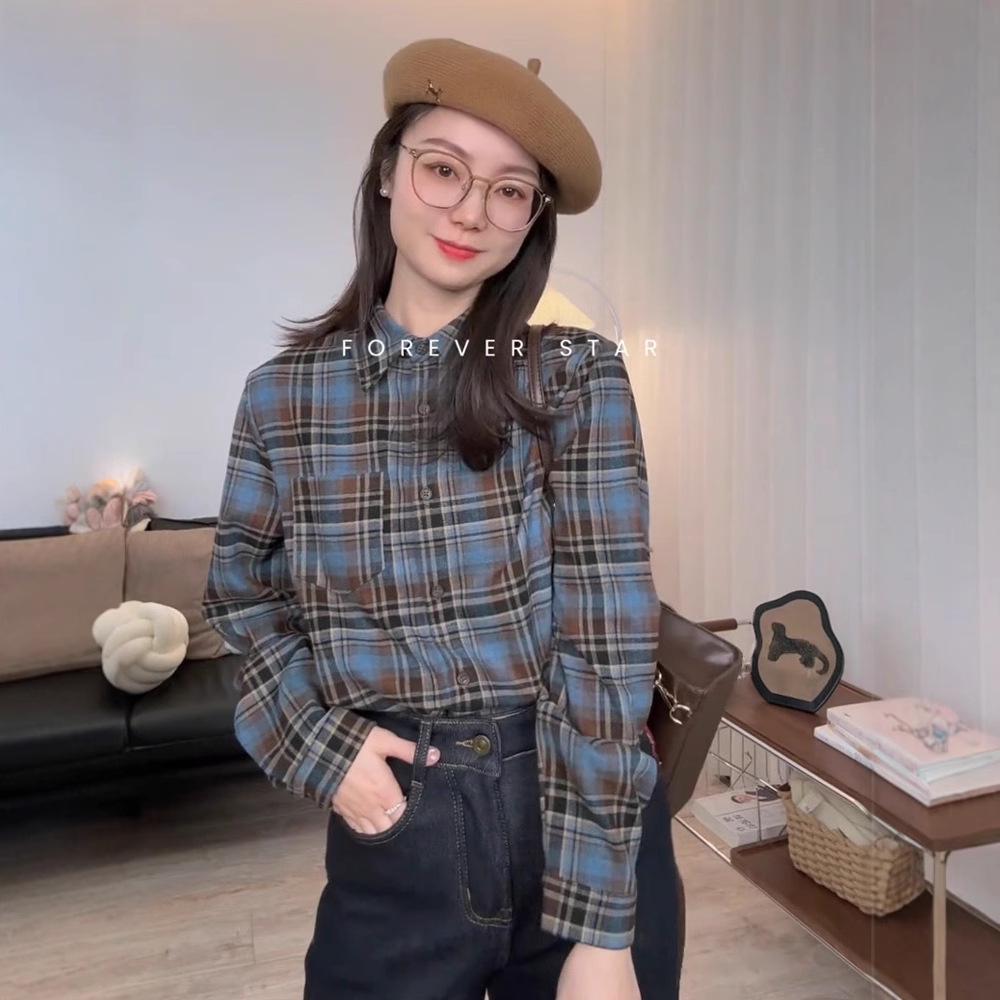 

Women s Retro Brushed Plaid Shirt - Korean Style, Long Sleeve, for Autumn & Spring Medium