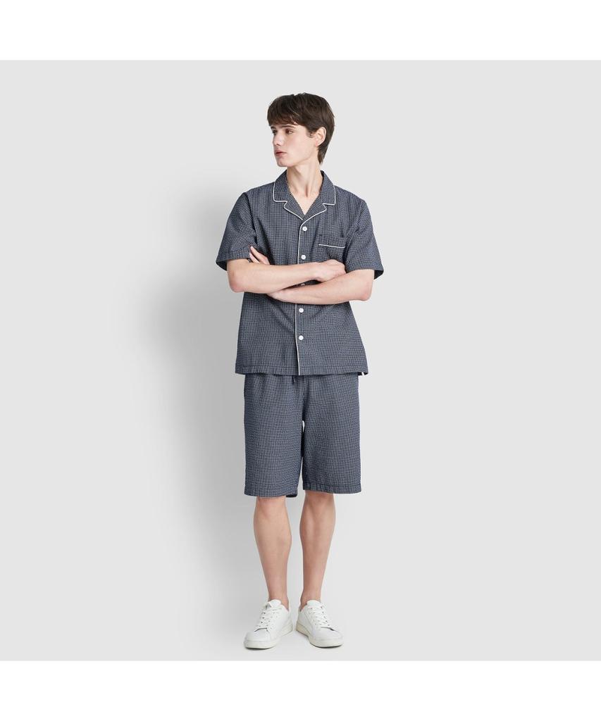 Jaju Men'S Seersucker Pattern Knee-Length Pajama Set_Light Navy
