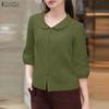 ZANZEA Women Casual Doll Collar Solid Color Loose 3/4 Sleeve Blouse