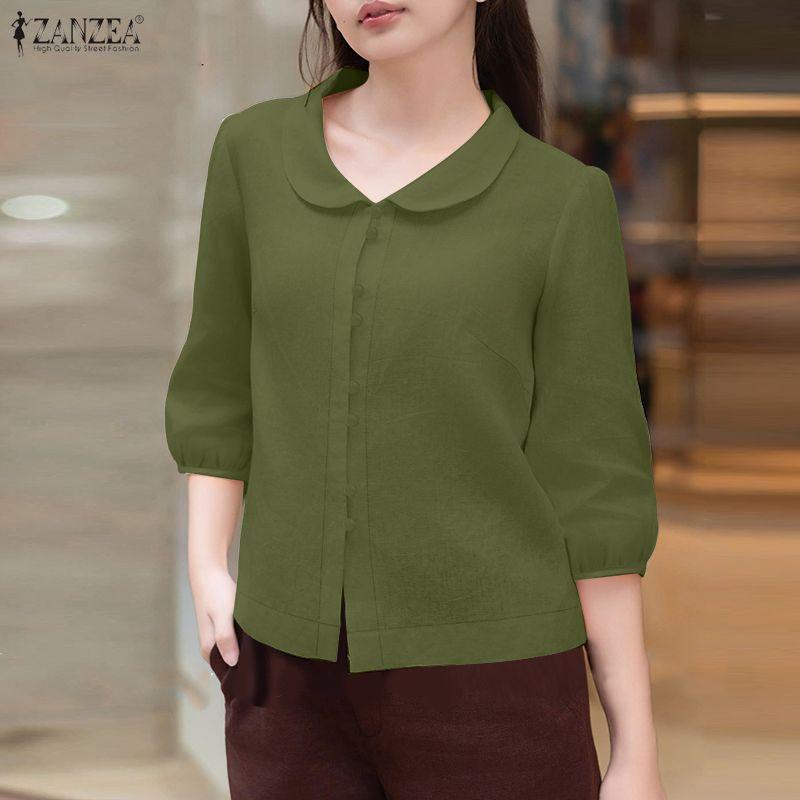 ZANZEA Women Casual Doll Collar Solid Color Loose 3/4 Sleeve Blouse