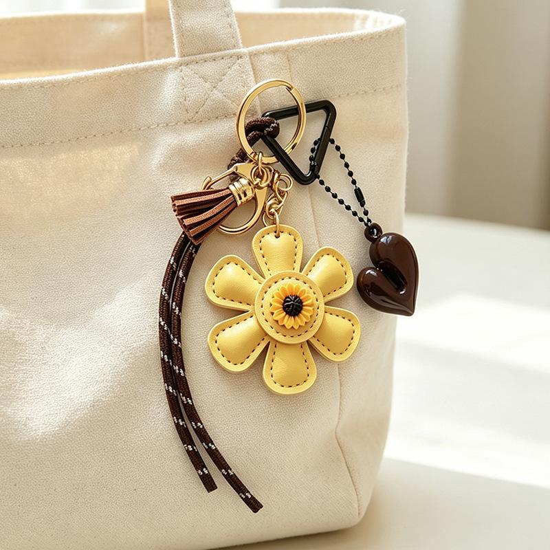 Tassle & Flower Leather Bag Charm Keychain Braided Cord Tassel Cute Accessory For Women Bags & Keys Pendant Gift