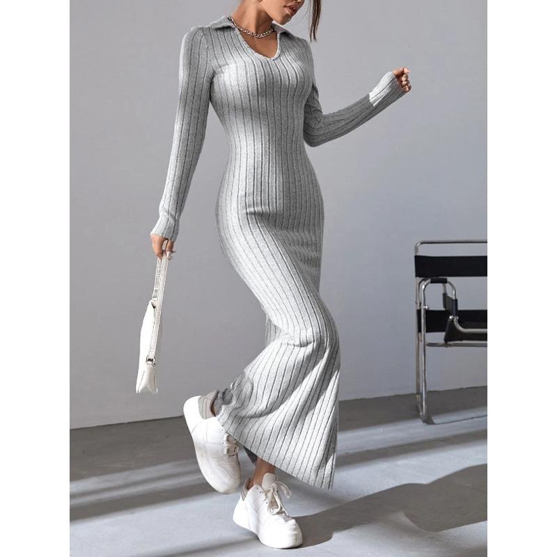 Vestito in Maglia Monocolore Slim Fit a Maniche Lunghe da Donna