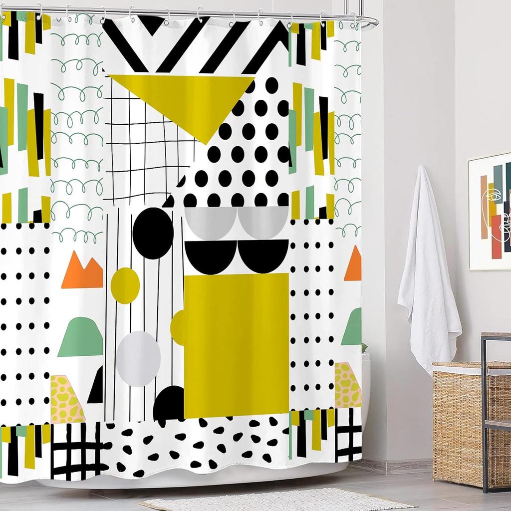 Extra Long Geometric Shower Curtain Mid Century Modern Shower Curtains For Bathroom Abstract Yellow Black White Waterproof