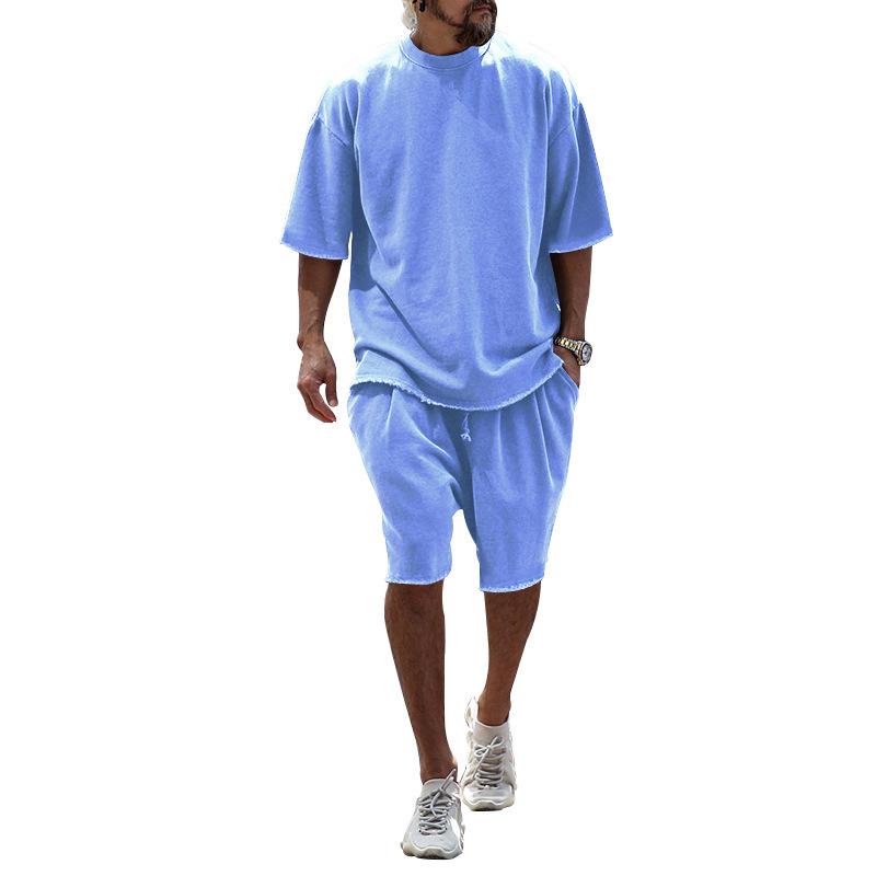 Men s Summer Casual Sports Set: Loose Round Neck T-shirt & Shorts - Trendy European & American Style Large синий