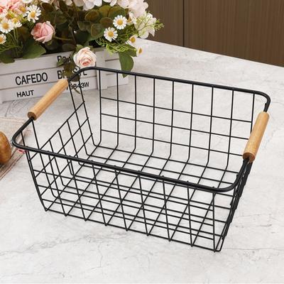 Metal Desktop Storage Basket Rectangle with Wood Handle Iron Wired Basket Large Capacity White Black